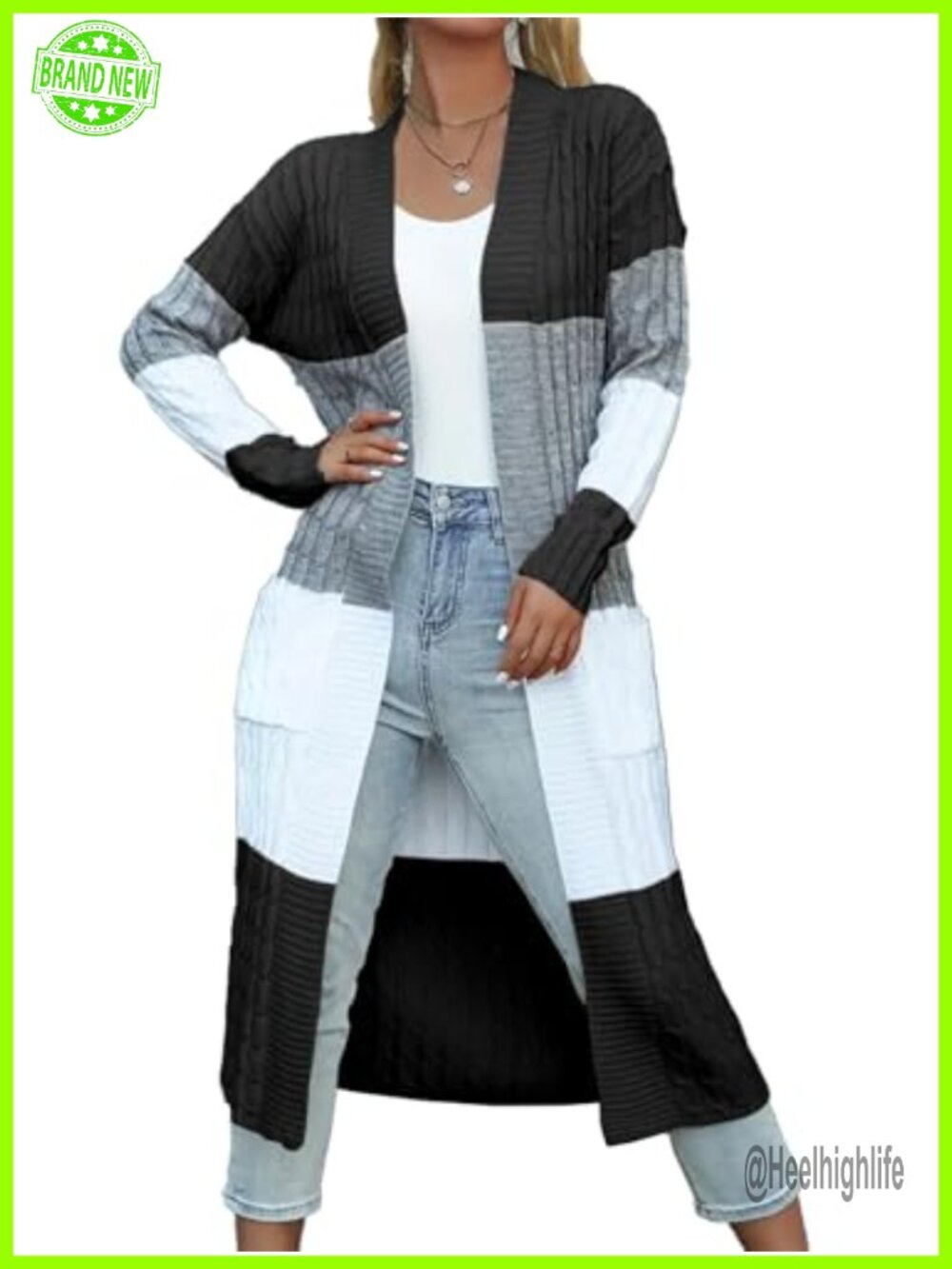 Womens Chunky Cable Knit Color Block Open Front Long Duster Cardigan Plus Size